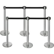 VEVOR 6Pcs Crowd Control Stanchion,6.5' Black Retractable Belt Rope, Barriers 36in Crowd Control Barriers for Party Supplies,Silver Queue Pole