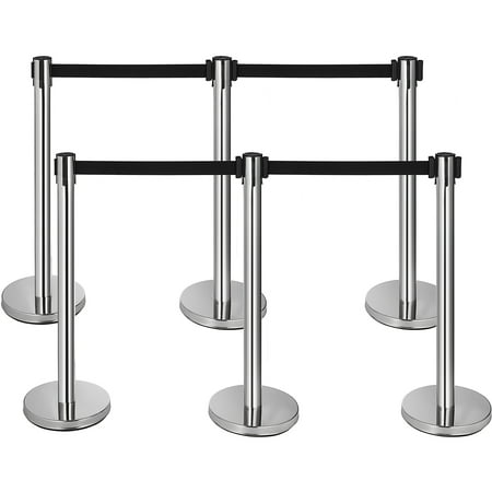 VEVOR 6Pcs Crowd Control Stanchion,6.5' Black Retractable Belt Rope, Barriers 36in Crowd Control Barriers for Party Supplies,Silver Queue Pole