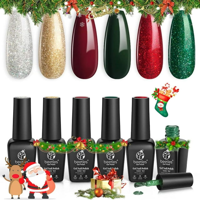 Esmalte de uñas en gel Beetles Christmas, rojo, verde, dorado y plateado