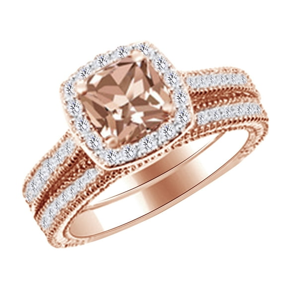 AFFY (2 cttw) Simulated Pink Morganite & Round Cut White Natural Diamond Halo Engagement Ring In 14k Rose Gold With Ring Size -4