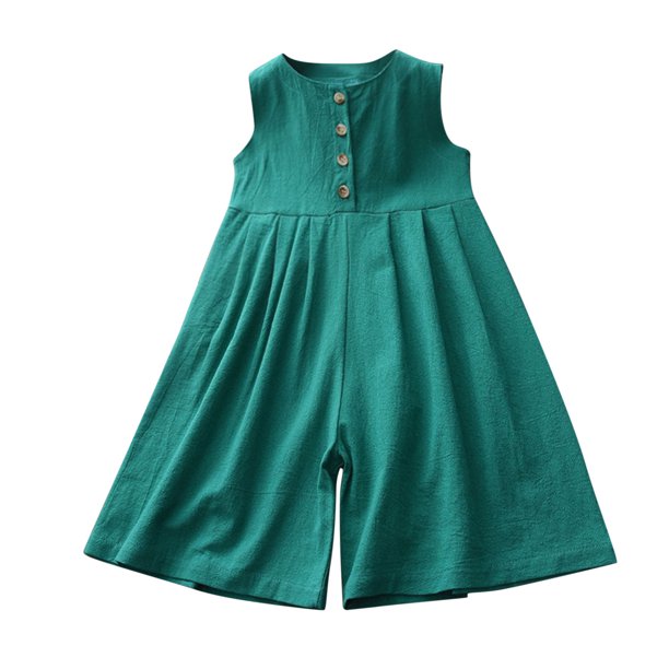 Gibobby Mono Corto Informal Mono de verano sin mangas de lino liso para niñas pequeñas y niños pequeños con trajes de botones(Verde, 4-5 Años)
