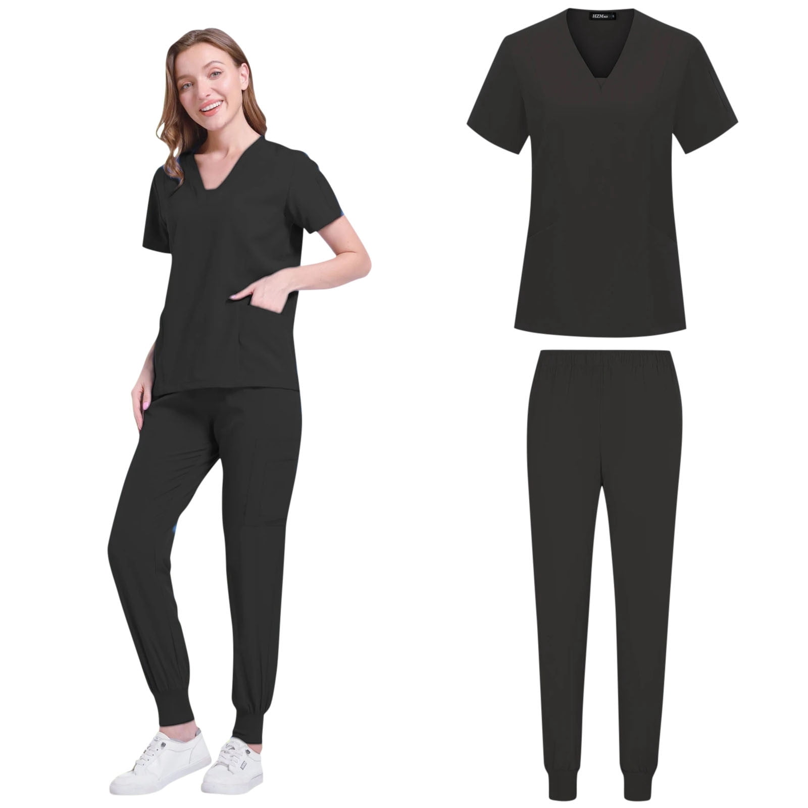 Women Athletic Scrub Set - Stretch V-Neck Top & Multi-Pocket Cargo Joggers, Easy Care Comfortable Nursing Workwear