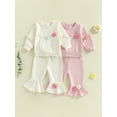 thumbnail image 3 of Loicainy Toddler Baby Girl Spring Fall Outfit 6 12 18 24 Months 2T 3T 4T Long Sleeve Crew Neck 3D Crochet Flower Decor Sweatshirt and Bell Bottom Pants Clothes Set, 3 of 9