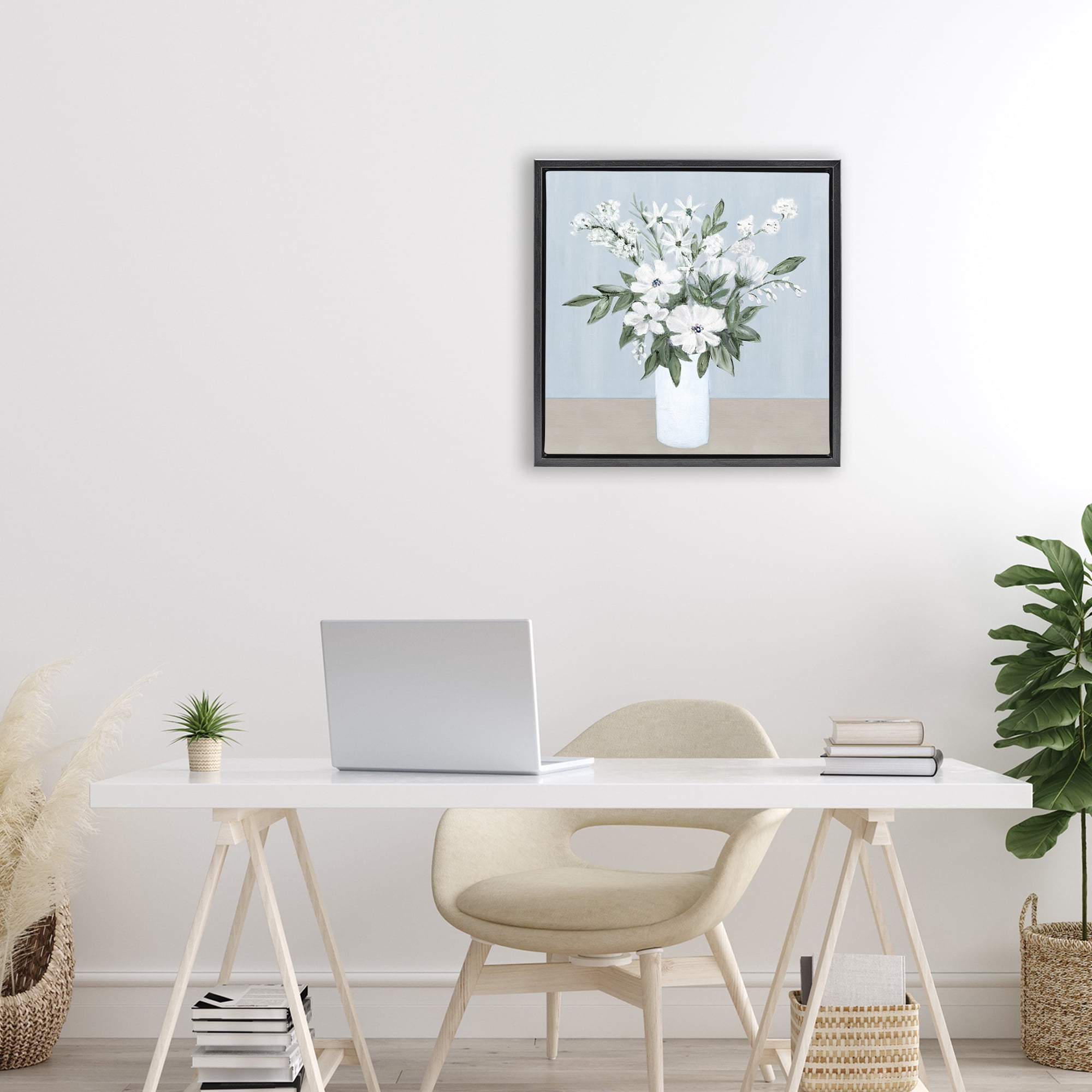 Stupell Industries Mixed White Blooms on Blue Black Framed Floater Canvas Wall Art, design by Marilyn Dunlap