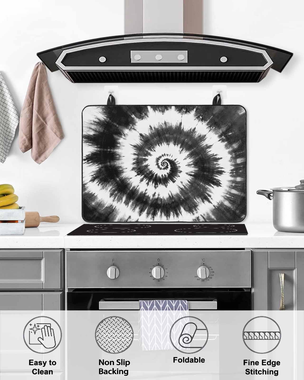 nqOlkjepod Large Induction Cooktop Protector Mat 36"x21", Black Gray Ombre Stove Top Covers for Electric Stove, Retro Abstract Tie-dye Tribal Boho Stove Burner Cover Mats, Glass Top Stove Cover