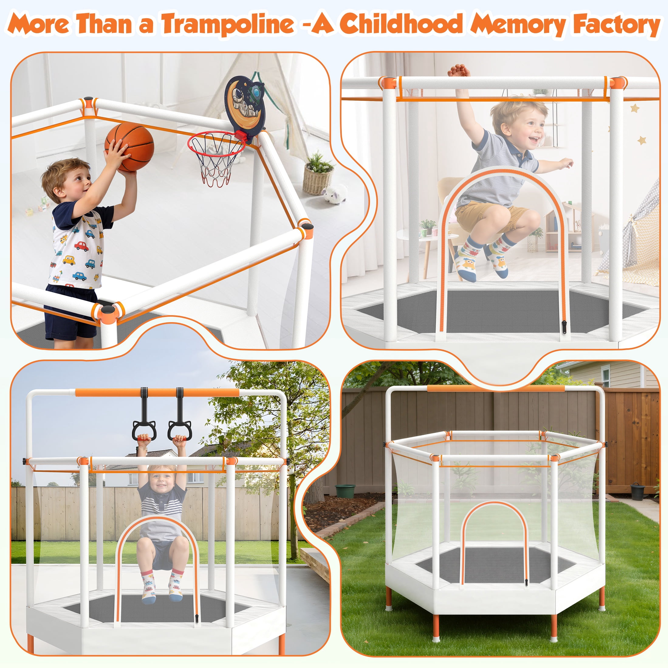 60" Mini Trampoline for Kids with Enclosure, Shinpt Indoor & Outdoor Toddler Trampoline, Upgrade Full Anti-Rust Tube with Adjustable Gymnastics Bars, Small Trampoline for Boys & Girls