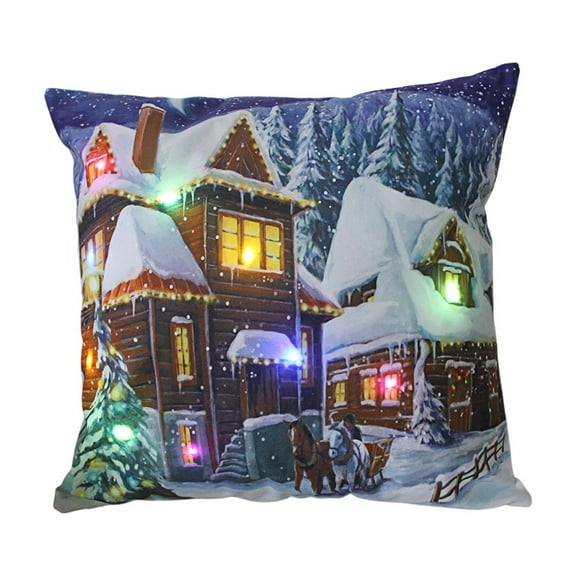 A Christmas Themed Led Pillow With Dual Light Modes Flashing And Steady Short Plush Material Printed Design For Sofa And Home Decor