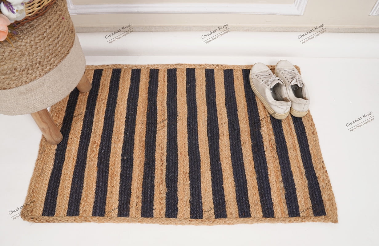 Natural Jute Rug Hand Braided Beige and Navy Blue Scalloped Area Rug Rectangle Rug