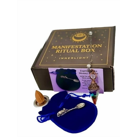 Manifestation Money Ritual Box – Money Amulet Gift Set for Wealth, Prosperity & Abundance – Includes Spoon Talisman, Chakra Crystal Pendulum, Velvet Pouch & Ritual Card