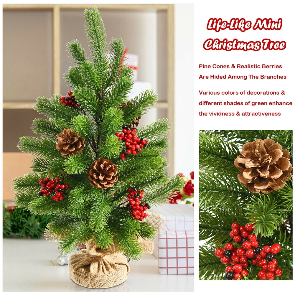 Kepooman 20" Small PE Table Top Christmas Tree with Pine Cones & Red Berries for Home Decor, Green