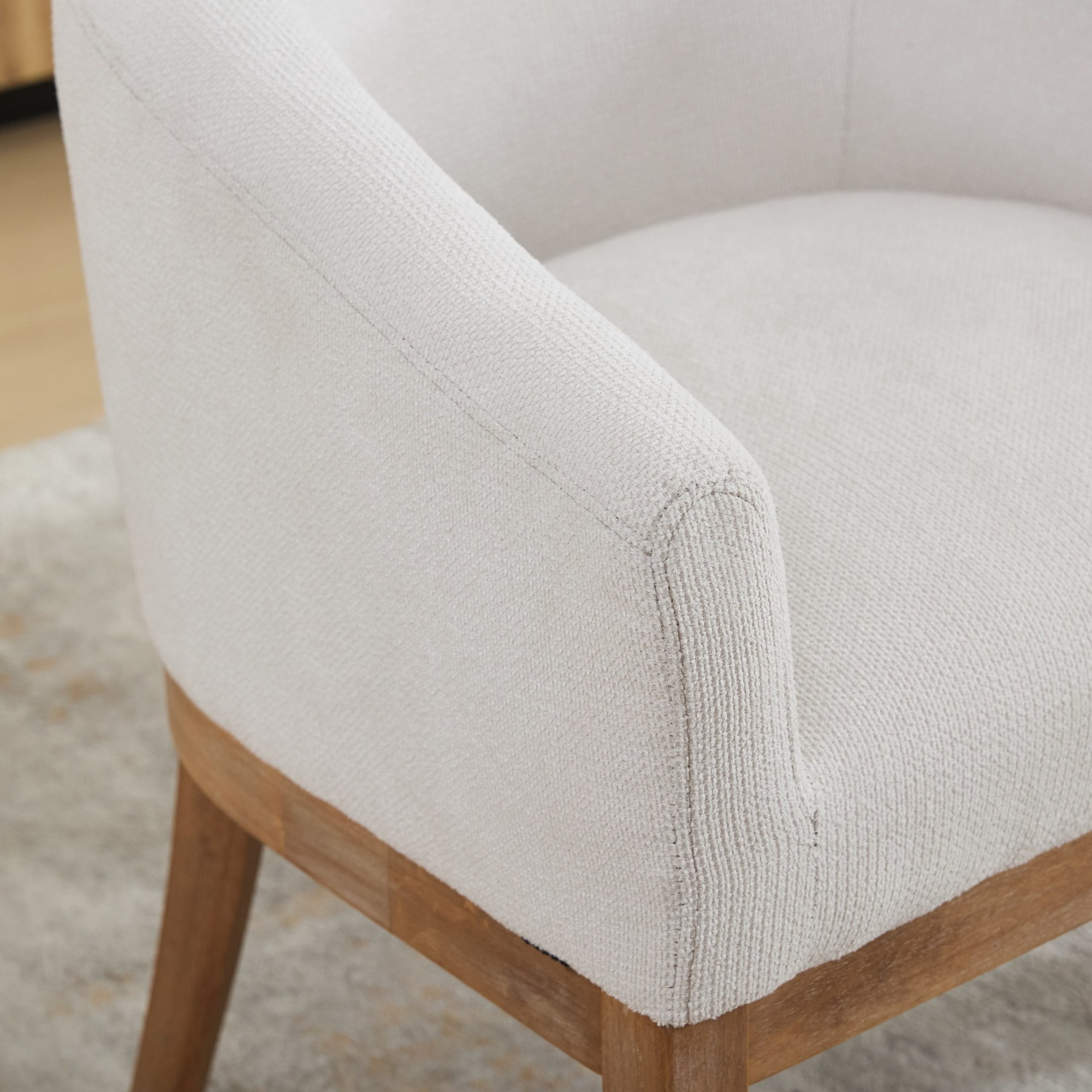 Noble House Barrel Dining Chair with Arms, Linen Upholstery, Rubberwood Frame, Beige