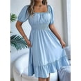 thumbnail image 5 of Women'S Boho Summer Square Neck Puff Sleeve Off Shoulder Smocked Tiered Casual A Line Short Mini Dress Light Blue M, 5 of 8