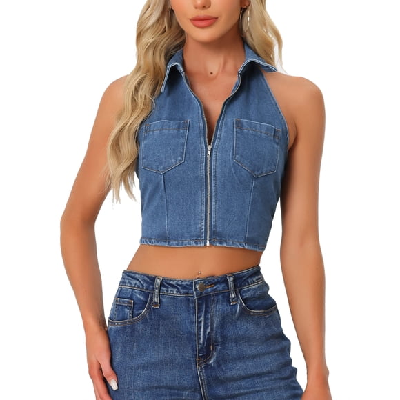 INSPIRE CHIC Outfit Women's Top Denim Halter Zipper Up Collared Sleeveless Jean Tank Tops XL Blue