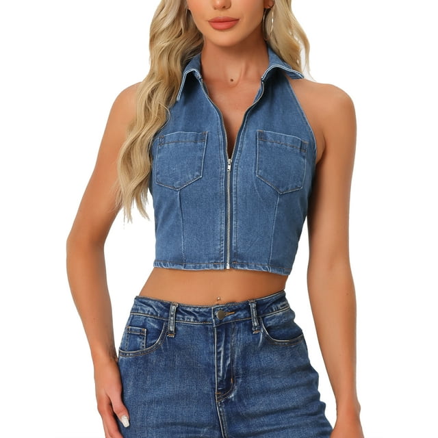 Inspire Chic Conjunto Top para Mujer Denim Halter con Cremallera Cuello Sin Mangas Camisetas de Jean XL Azul