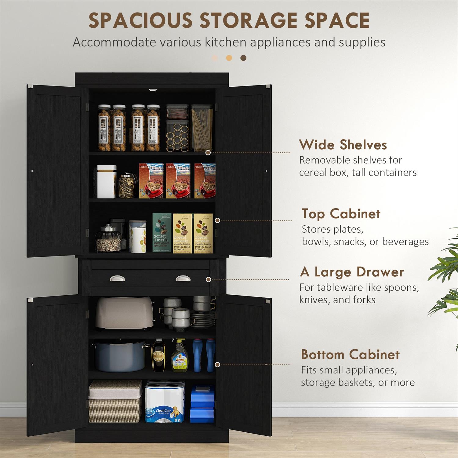 Demi Bonn 72" Kitchen Cabinet, Pantry Storage Cabinet with Doors and Shelves, Freestanding Food Pantry Cabinet for Home, Living Room, Black Wood Grain