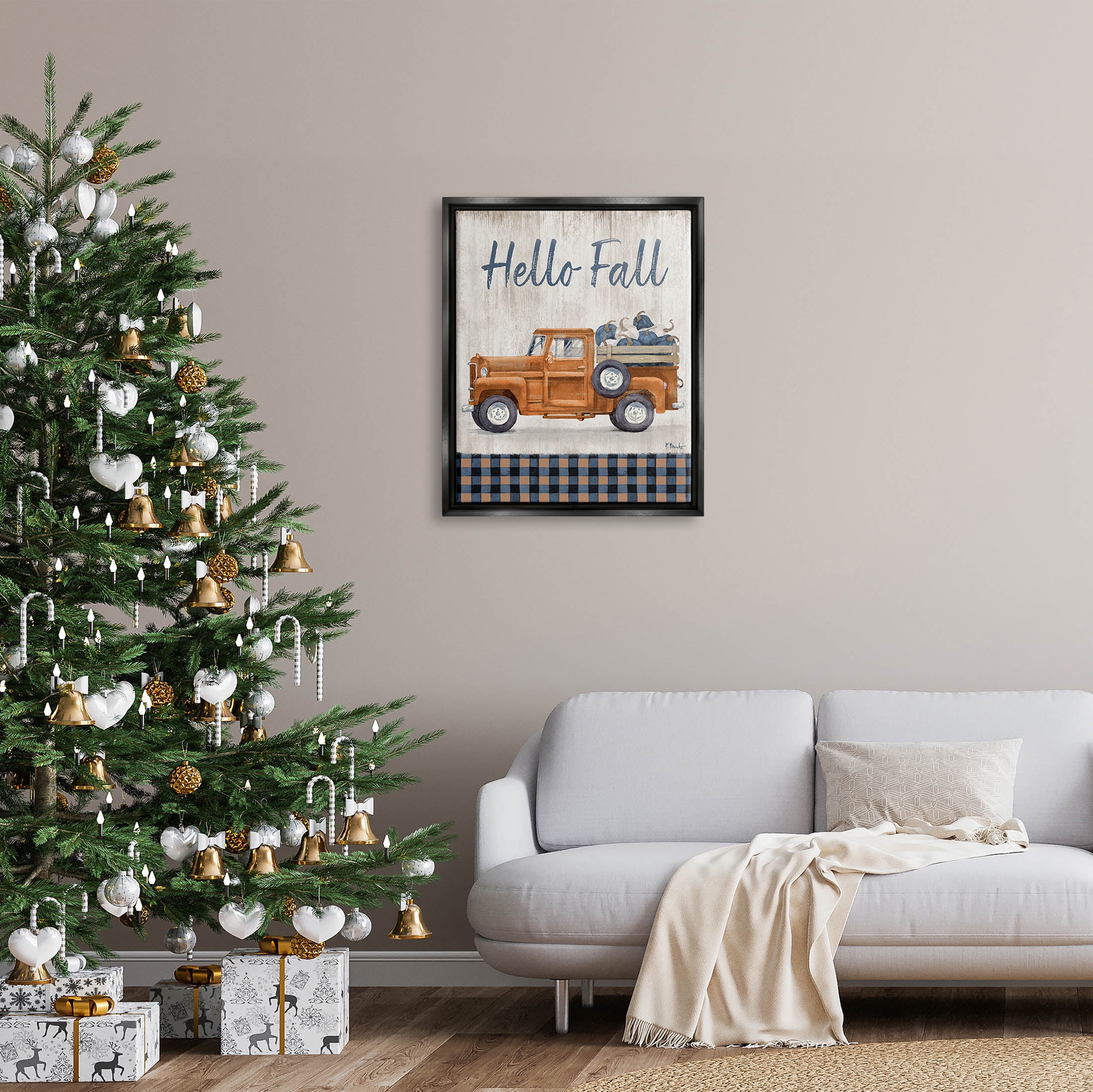Stupell Industries Hello Fall Plaid Pumpkin Truck Graphic Art Jet Black Floating Framed Canvas Print Wall Art, Design by Paul Brent