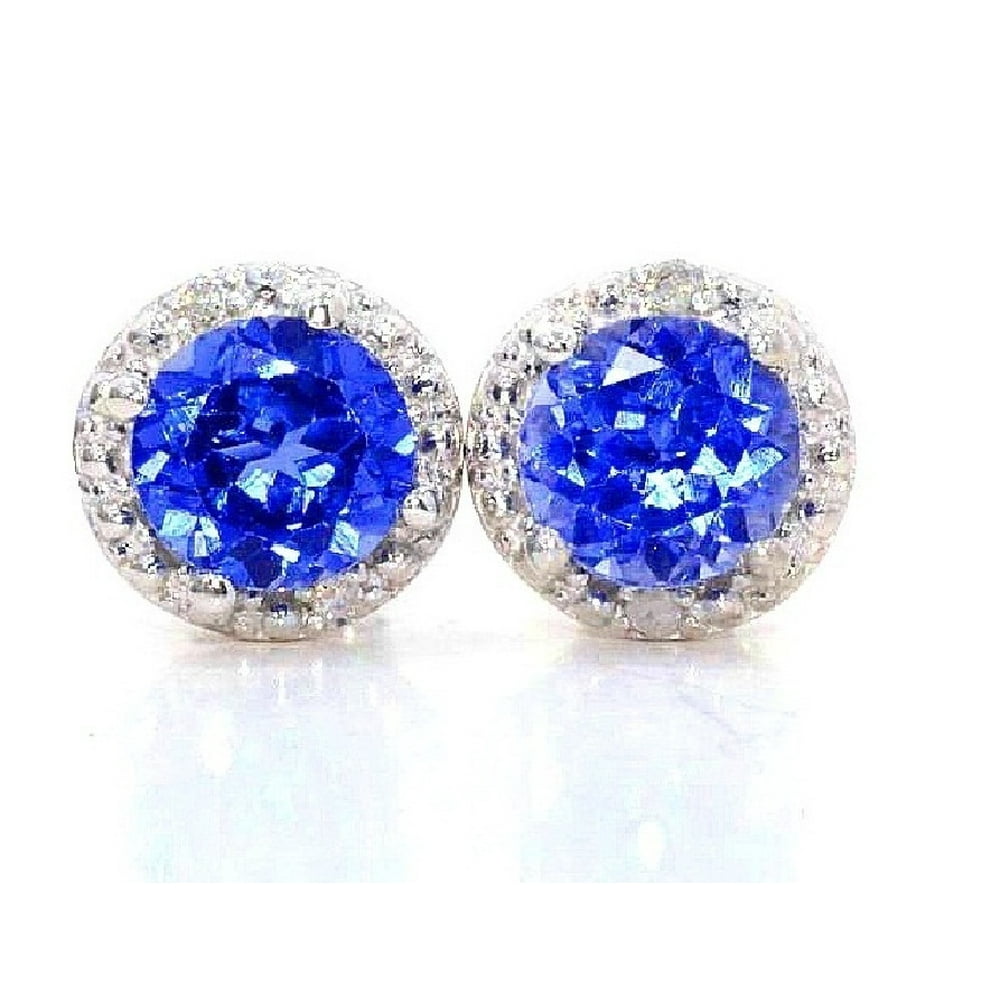 Elizabeth Jewelry - 2 Ct Blue Sapphire & Diamond Round Stud Earrings ...