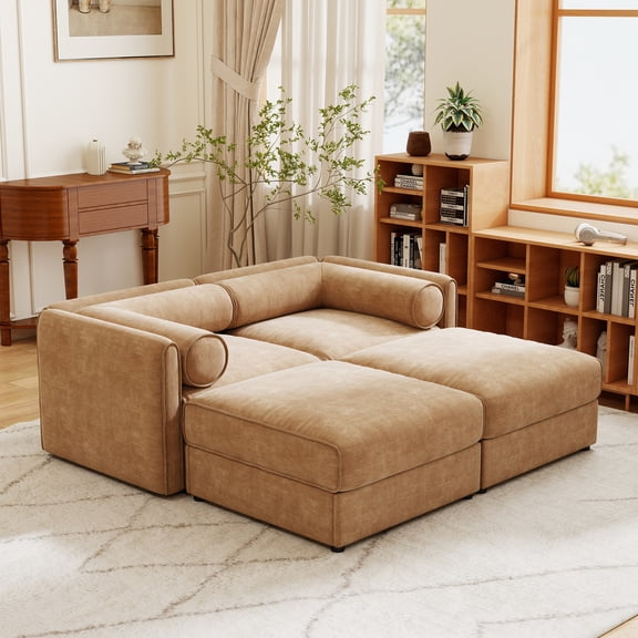 Chenille 2-Seater Sofa with 2 Ottoman Storage Seat, Cylindrical Backrest and Armrests, Modern Fabric Loveseat Featuring Hidden Storage Space (Grey)