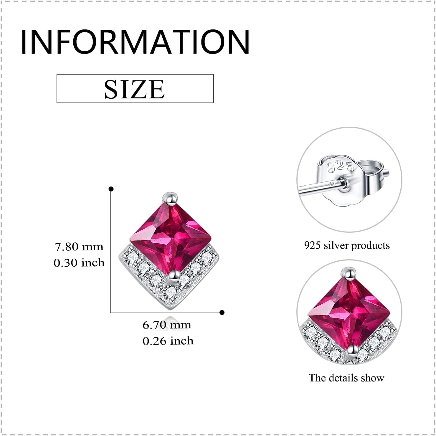 Birthstone Stud Earrings Sterling Silver Square Created Ruby Red Crystal July Earrings Cubic Zirconia Hypoallergenic Piercing Jewelry Small Gifts for Women Mothers