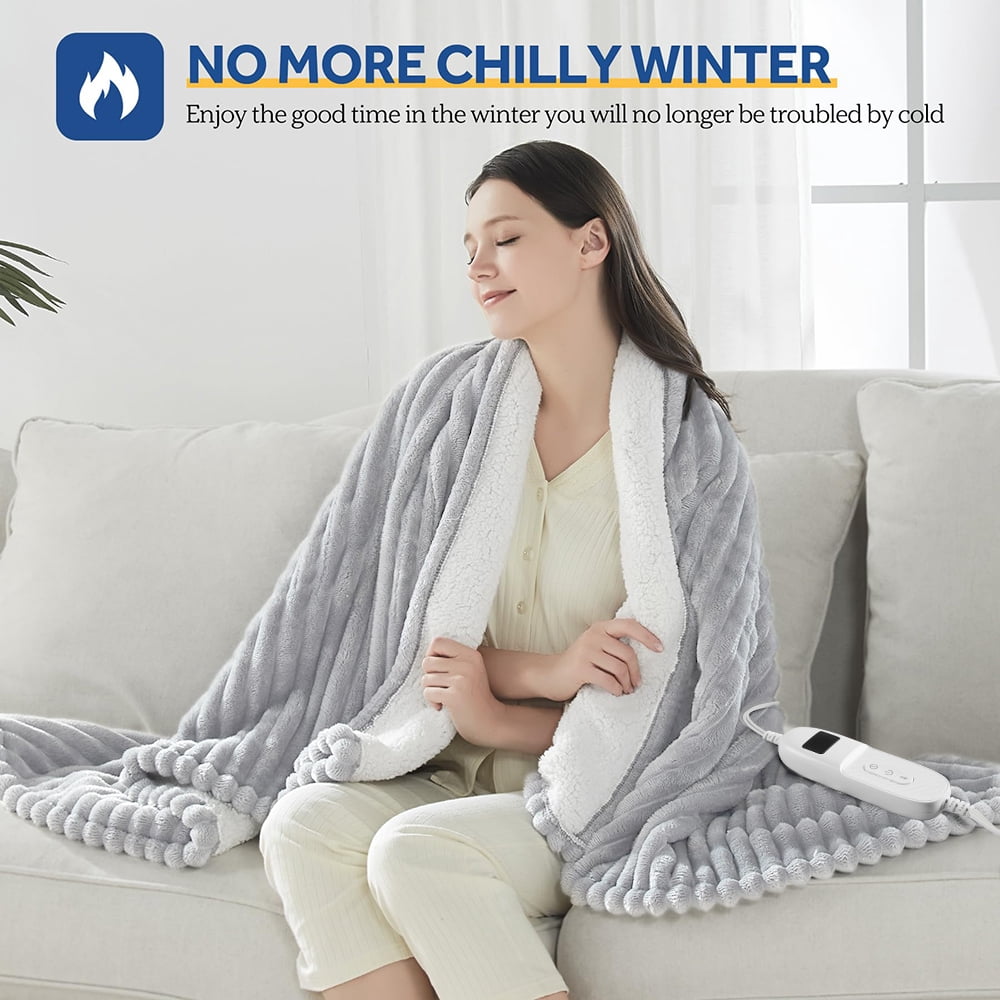 Heated Electric Throw Blanket, 50"x60", 6 Heat Levels, Auto-Off Timer, Machine Washable, Gray