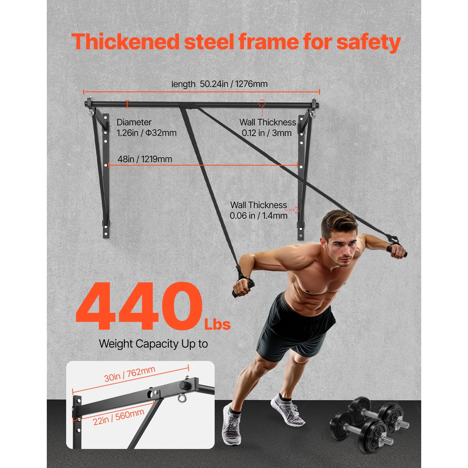 KFFKFF Chin Up Bar, Wall Installation, 50 inches Wide, Depth Alterable between 22" and 30" from Wall, Robust Steel Constructed Workout Bars, Can Sustain 440 lbs Weight