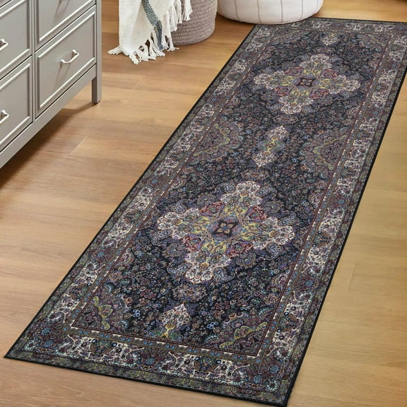 BNM Medallion Washable Indoor Area Rug, 2'7" x 8', Black