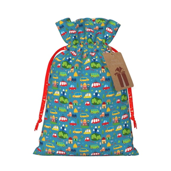 Fuzoiu Cars Transportation Print Christmas Gift Bag,Burlap Gift Bag with Drawstring Closure & Hang Tag,Perfect for Holidays, Birthdays, and Special Occasions-Small