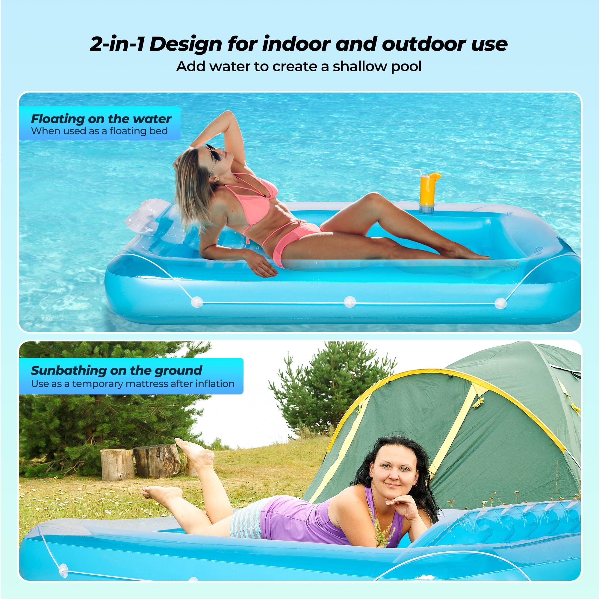 Naipo Inflatable Tanning Pool Lounger Float  75''*52" with Adjustable Pillow, 2 Cup Holder 2-in-1 Tanning Bed River Boat for Adults Dogs, Tanning Chair,  Raft 250LBS for Beach, Lake, Backyard