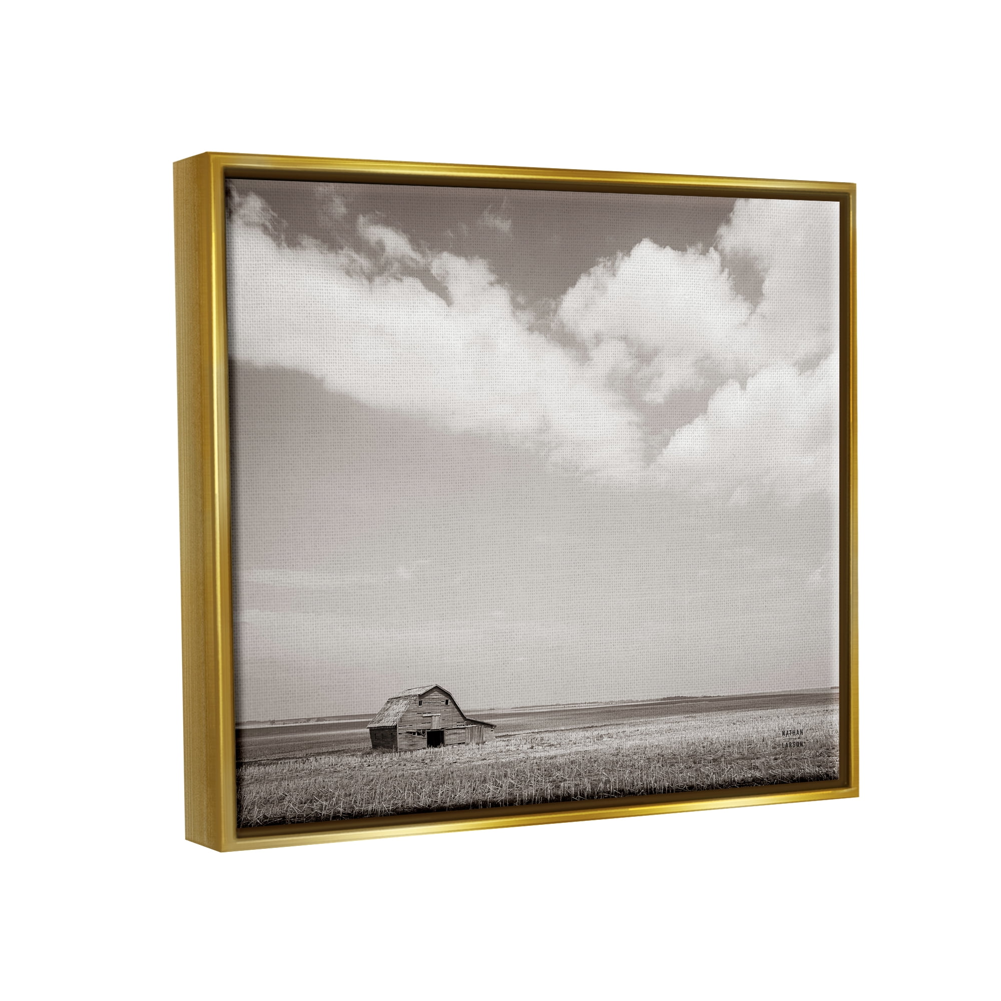 Stupell Industries Clouds over Barn Pasture Landscape Photography Gold Floater Framed Canvas Art Print Wall Art, 21 x 17
