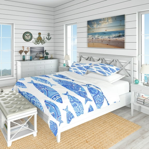 Designart 'Pattern with Fishes' Nautical & Coastal Duvet Cover Set