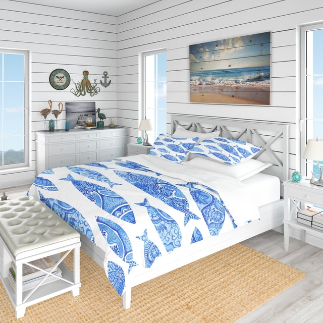 Designart 'Pattern with Fishes' Nautical & Coastal Bedding Set - Duvet Cover & Shams