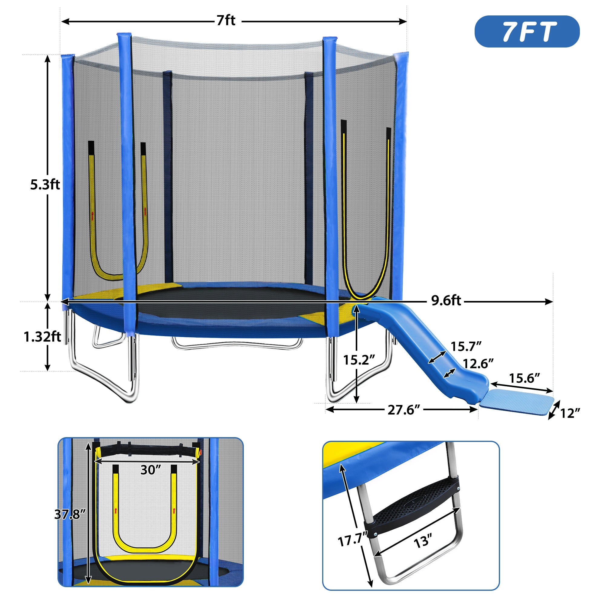 7ft Trampoline for Kids, Trampoline with Safety Enclosure Net, Outdoor Trampoline with Slide & Ladder and Soft Pad, 220lbs Capacity, Easy Assembly, Indoor Use, Blue