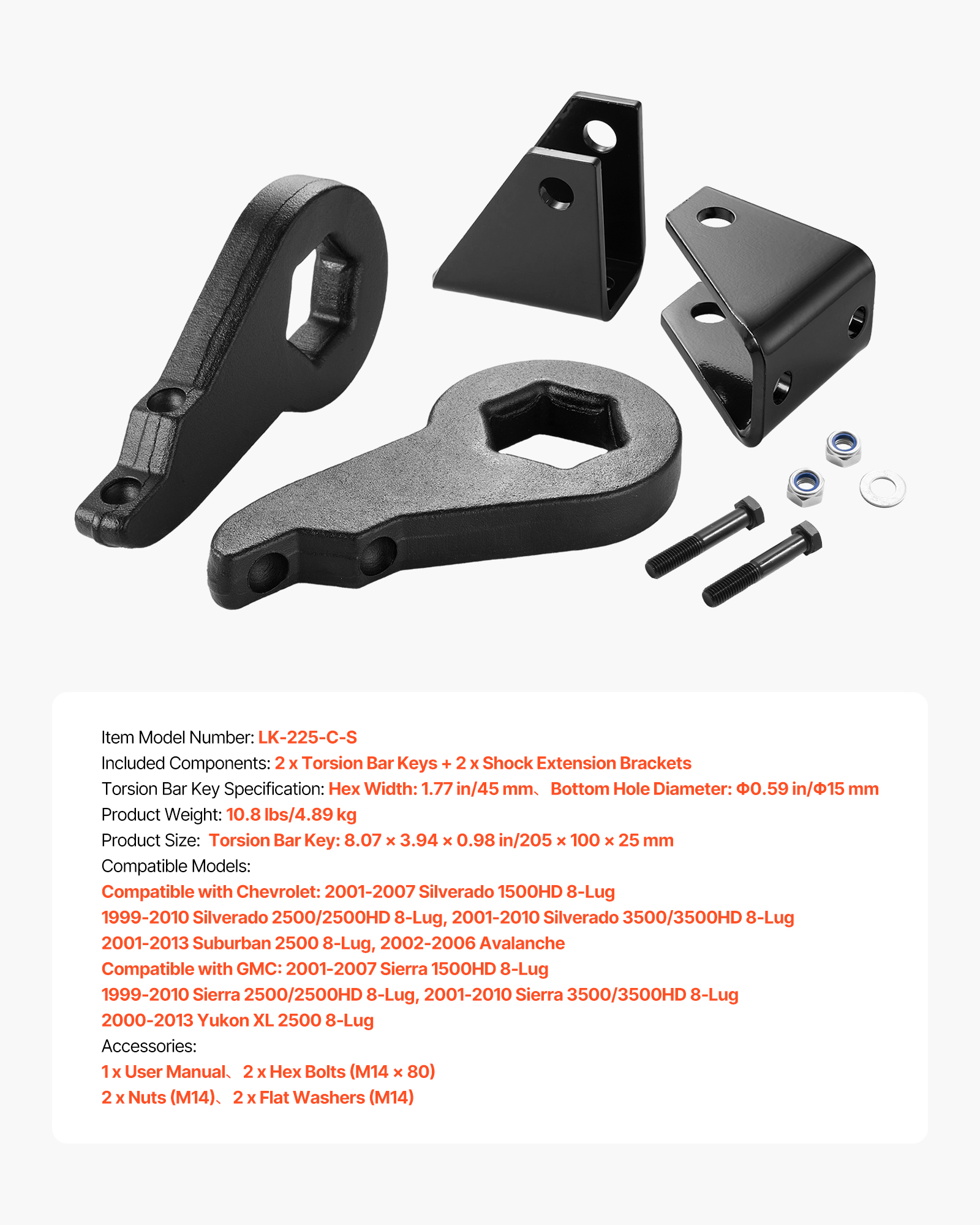 VEVOR 3 Inch Front Leveling Lift Kit for 2001-2010 Chevy Silverado/GMC Sierra 2500HD/3500HD 8-Lug, 01-07 Silverado/Sierra 1500HD,Torsion Bar Keys Suspension Level Kit with 2 Shock Extension Brackets