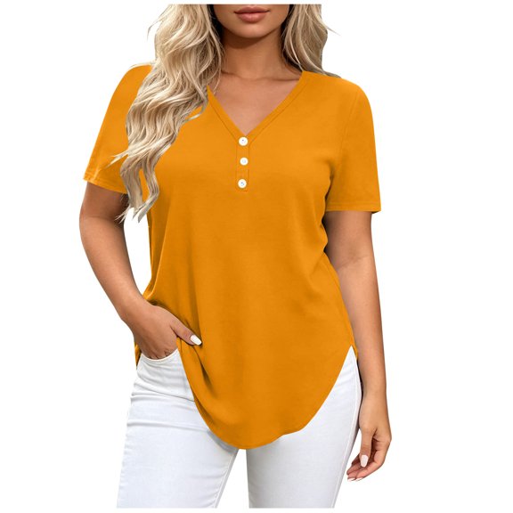 Women's Short Sleeve Curved Hem Shirts Summer Oversized V-Neck Button Down T-Shirt Casual Plain Daily Wear Tops Orange