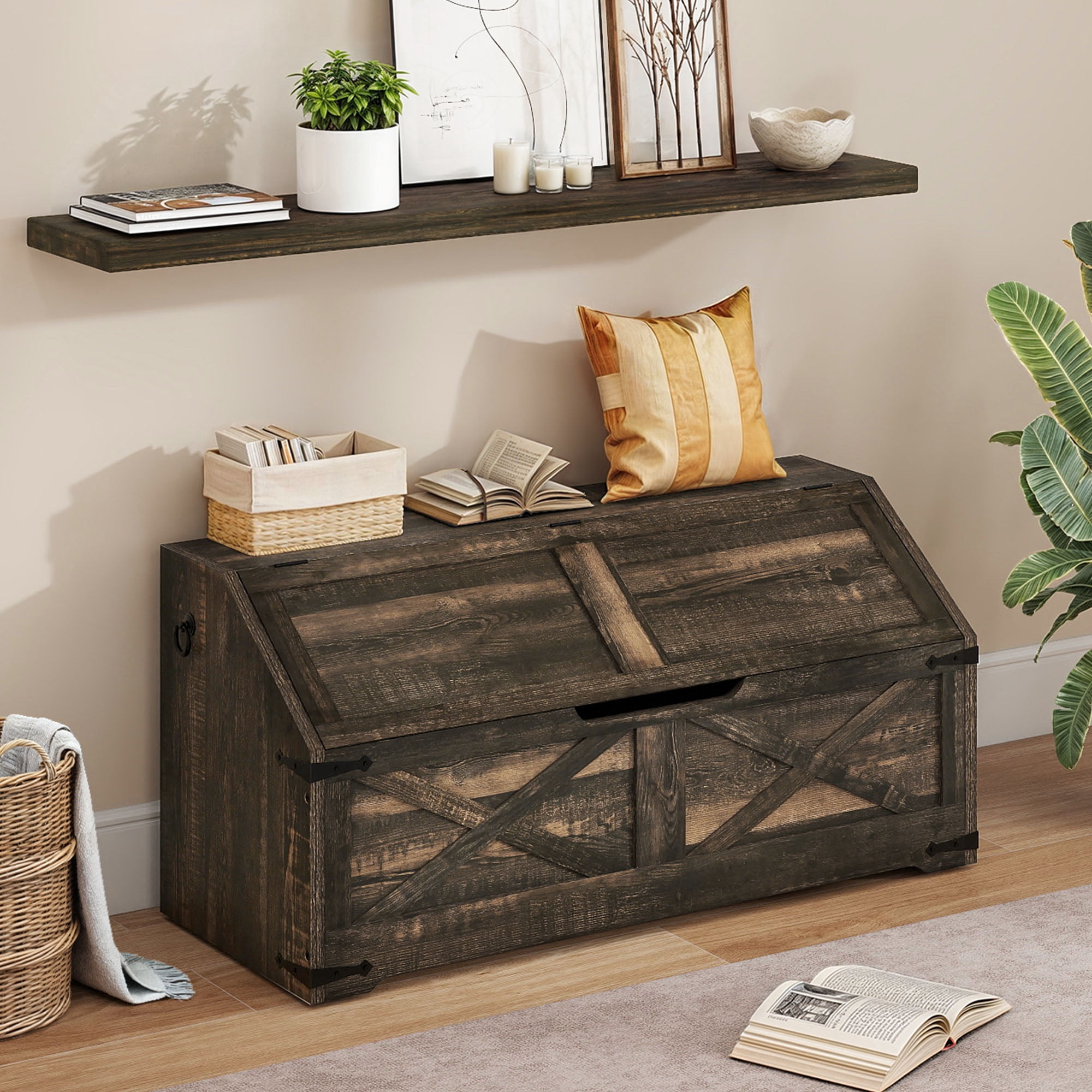 Uforic 39.4" Farmhouse Storage Chest with 4 Wheels, Wooden Storage Trunk with Safety Hinge, Storage Bench Storage Box - Rustic Brown