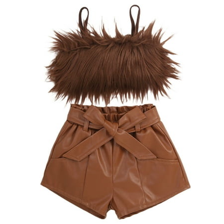 

Musuos 2Pcs Baby Girl Fluffy Fur Camisole Tops PU Leather High Waist Shorts