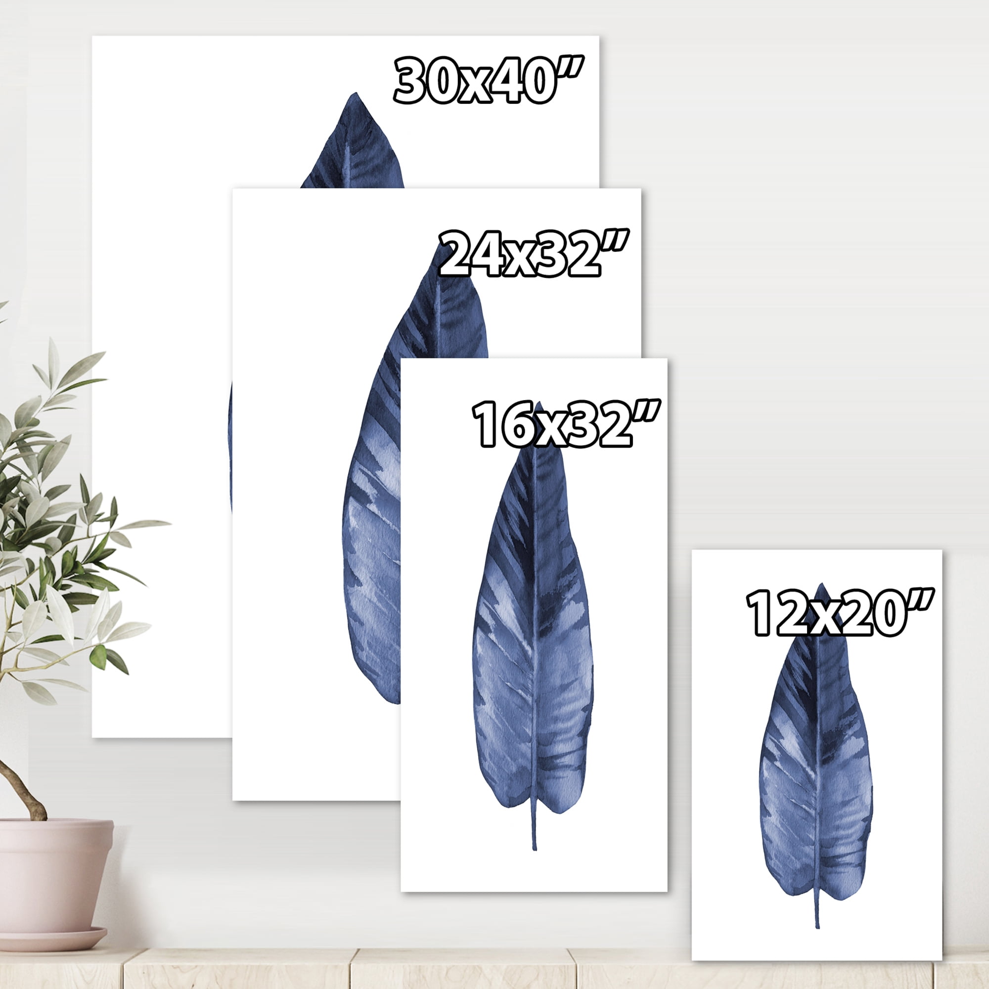 Designart ' Blue Leaf Watercolour On White Background ' Traditional Canvas Wall Art Print