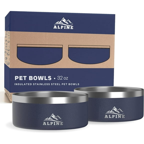 ALPINE Set of 2 Stainless Steel Dog Bowls, Non Slip, Metal Pet Bowl for Food and Water, Double Walled Insulated, Rustproof, Dishwasher Safe (32 oz, Navy)
