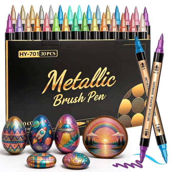 Topcolorusa 30 Metallic Paint Pens for Glass Marking, Rock Painting, Ceramic, Wood, Fabric, Scrapbooking, DIY Craft Making, Coloring
