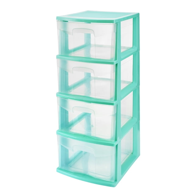 Italhome Cajonera De Plástico, Cajonera Desarmable Organizador Multiusos De Color Aqua Con 4 Cajones Transparentes Onyx