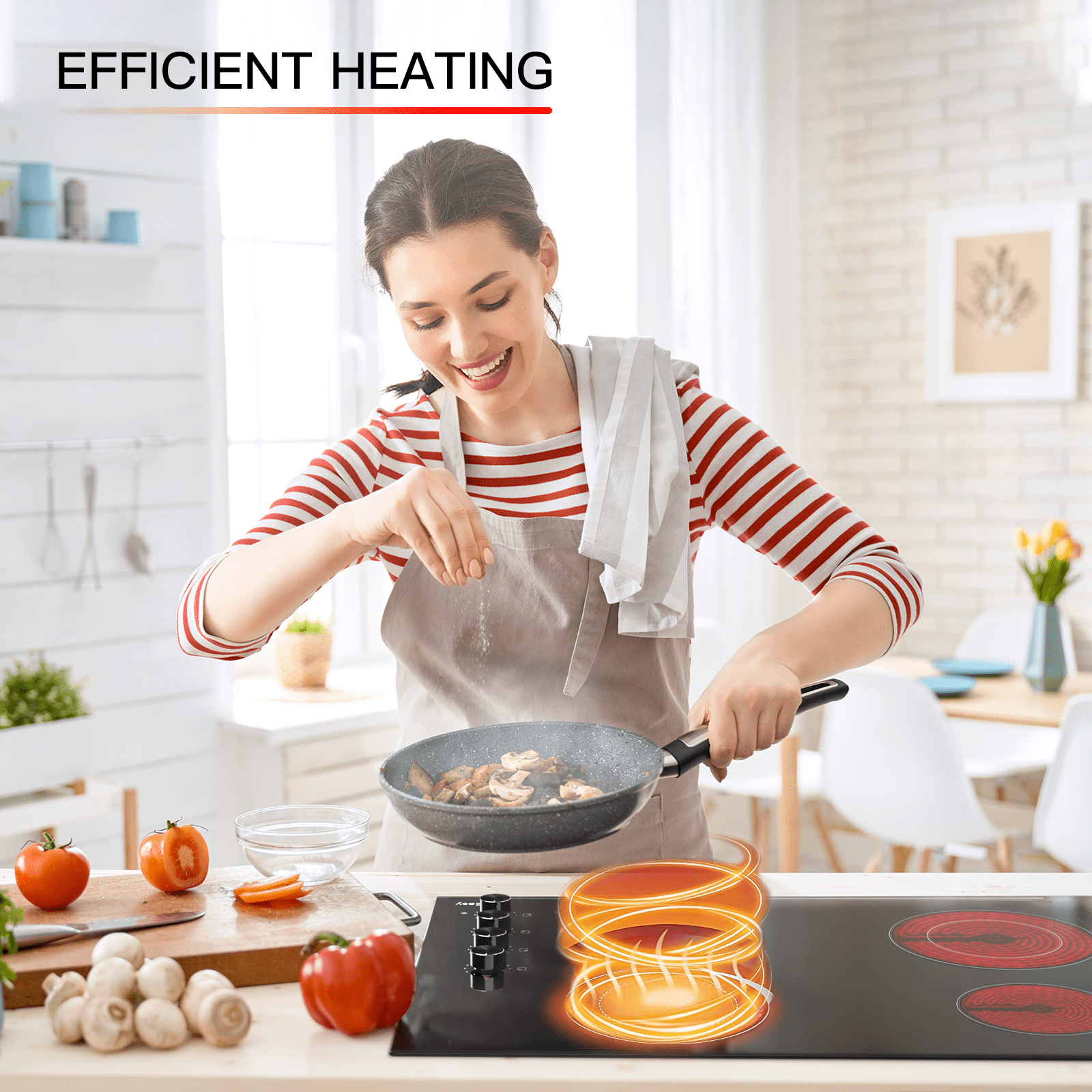 30 in. 4 Elements Ceramic Glass Surface Radiant Electric Cooktop in Black with Knobs and Dual Element