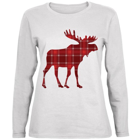 Autumn Plaid Moose Ladies' Relaxed Jersey Long-Sleeve Tee White SM