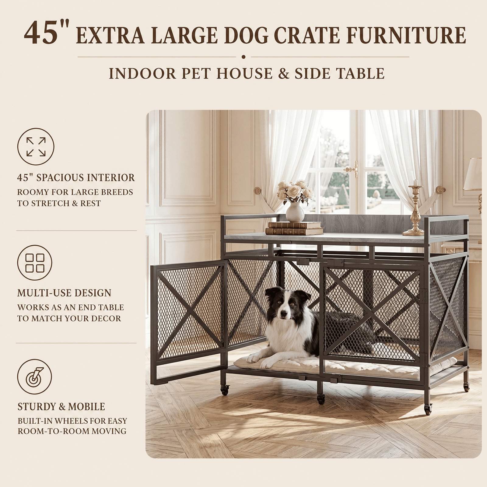 Fowroa 48" Dog Crate with Wheels Dog Crate Furniture for Large Dogs up to 90 lbs, Waterproof Top, Gray