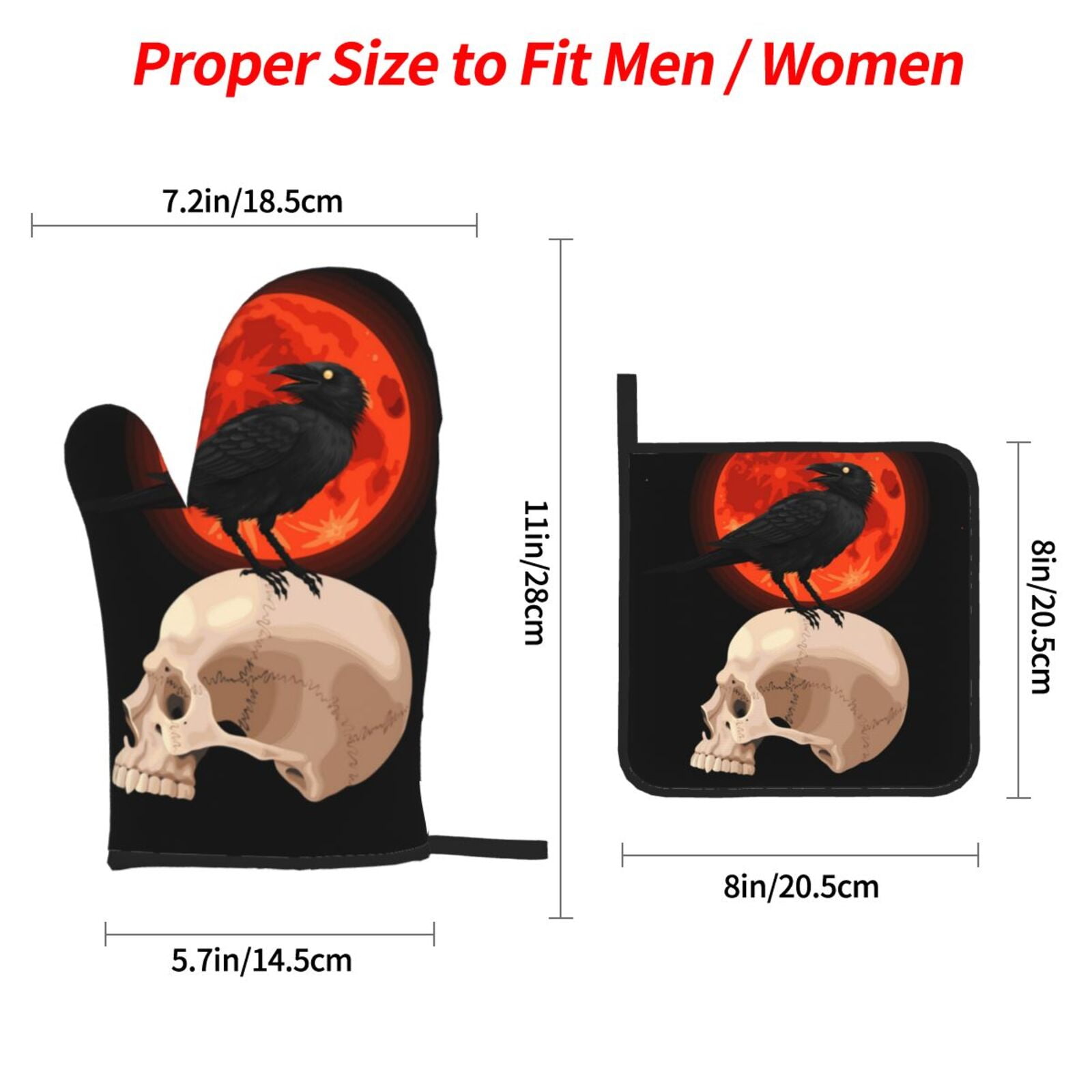 Raven Skull Red Moon 4Pcs Oven Mitts and Pot Holders Sets Oven Kitchen Gloves Hot Pads for Cooking BBQ Baking Grilling