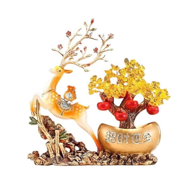 Adorno Feng Shui de árbol de dinero de cristal, decoración de mesa con ciervo for la prosperidad y la riqueza del hogar