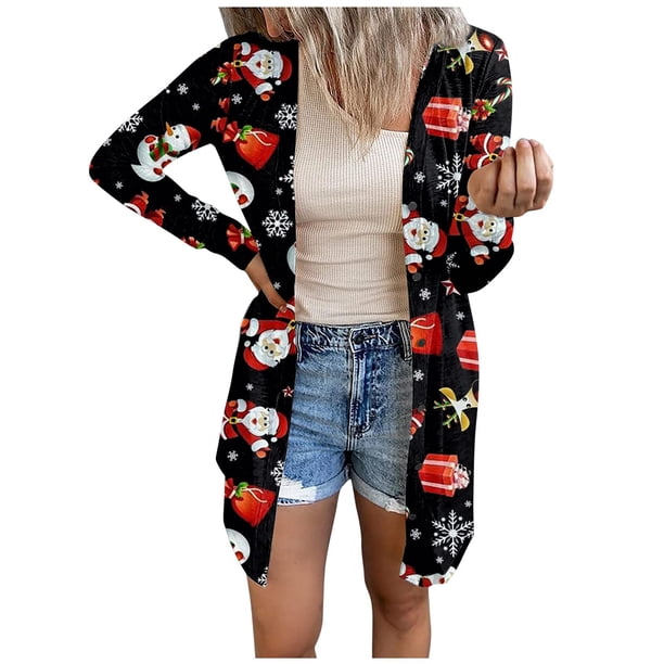 Cárdigan de Navidad para mujer, cárdigan con estampado de Papá Noel, cárdigan de manga larga, suéter, abrigo Fridja BV0+5512