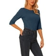 thumbnail image 4 of INSPIRE CHIC Hauts pour Femmes Manches au Coude Encolure Bateau Coupe Ajustée T-Shirt Classique Décontracté TG Bleu Foncé, 4 of 6