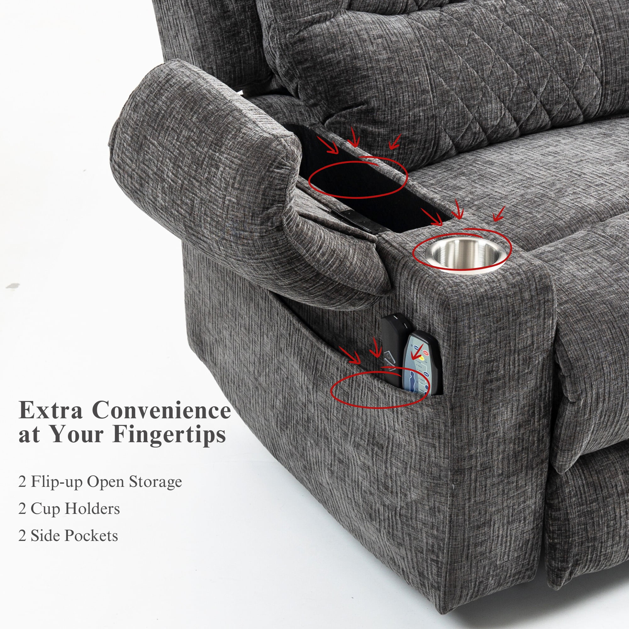 Oversized Recliner Chair 26-inch Wide Seat with Extended Footrest - Power Lift Recliner for Elderly with Heat Massage - Flip Arm Storage Cup Holders 350 lbs