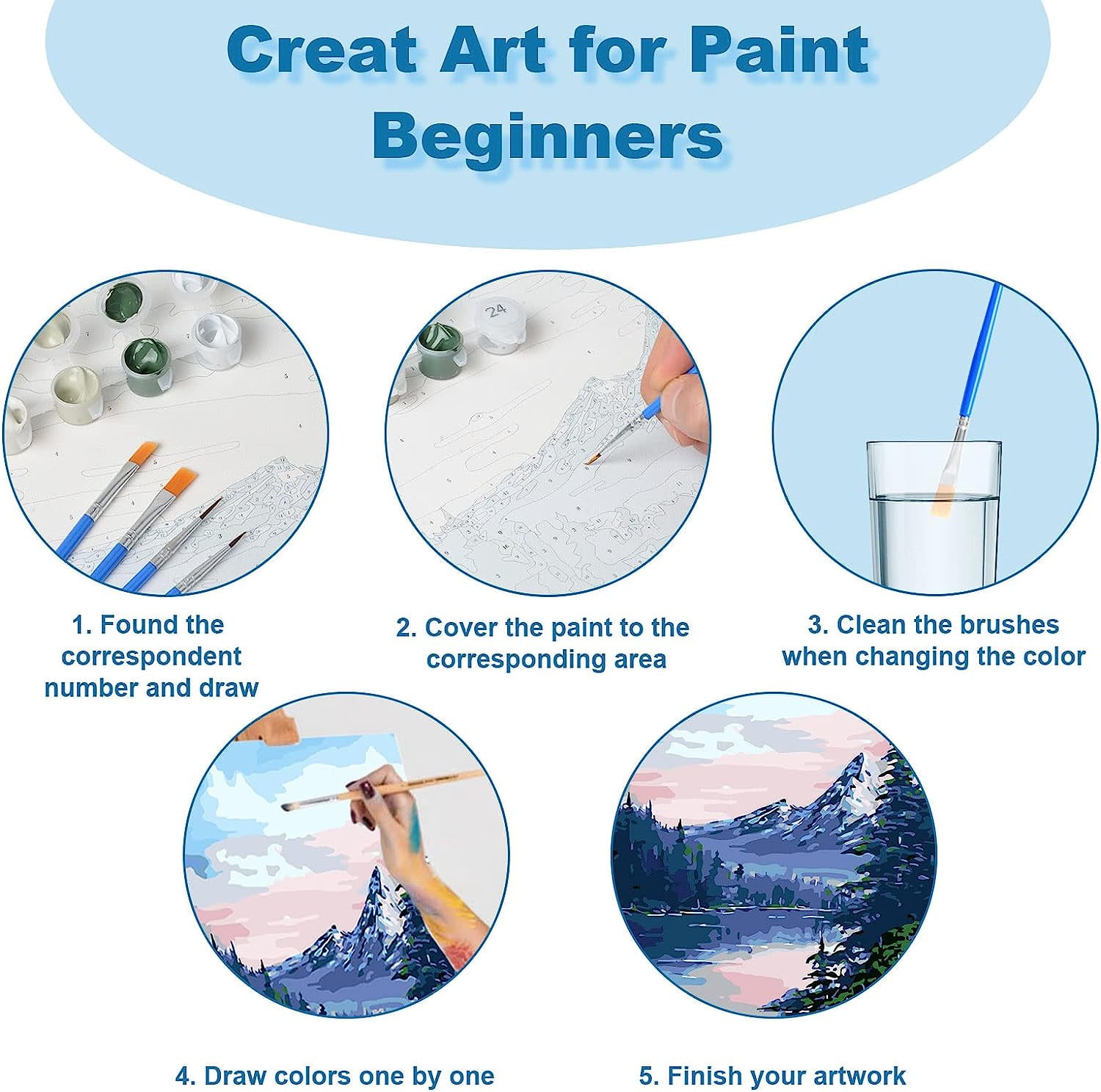 Qoosea 4 Pack Paint by Numbers Kits for Adults and Kids, Beginner DIY Arts & Crafts Set with Wooden Easel, Acrylic Paints, Brushes, 9 x 12 Inch Canvas