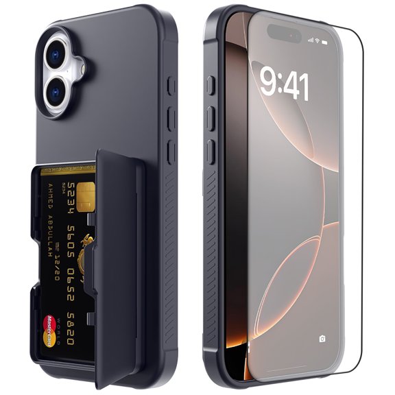 Allytechgroup iPhone 16 Case with Screen Protector, Hidden Cards Slots & Makeup Mirror Full Body Shockproof Anti-Scratch Drop Proof Phone Case Cover for Apple iPhone 16, Black